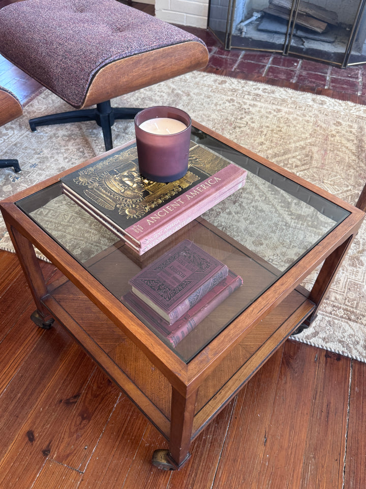 Drexel Side Table Glass Top on Wheels