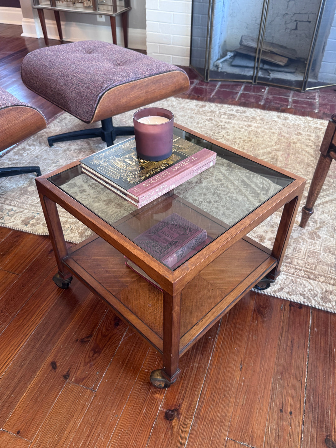 Drexel Side Table Glass Top on Wheels