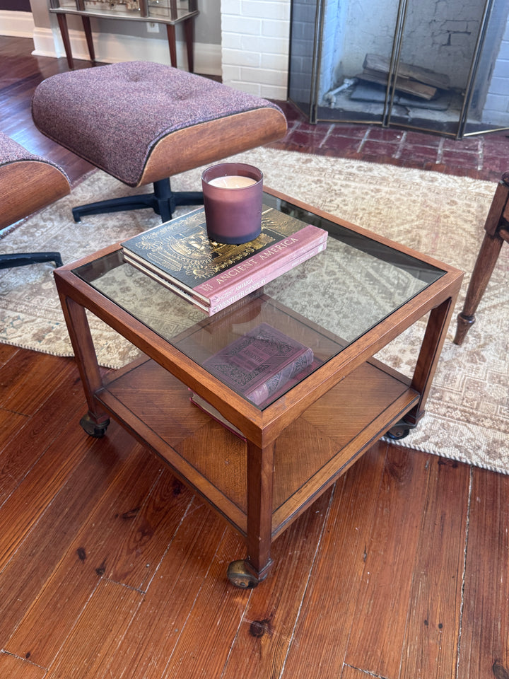 Drexel Side Table Glass Top on Wheels