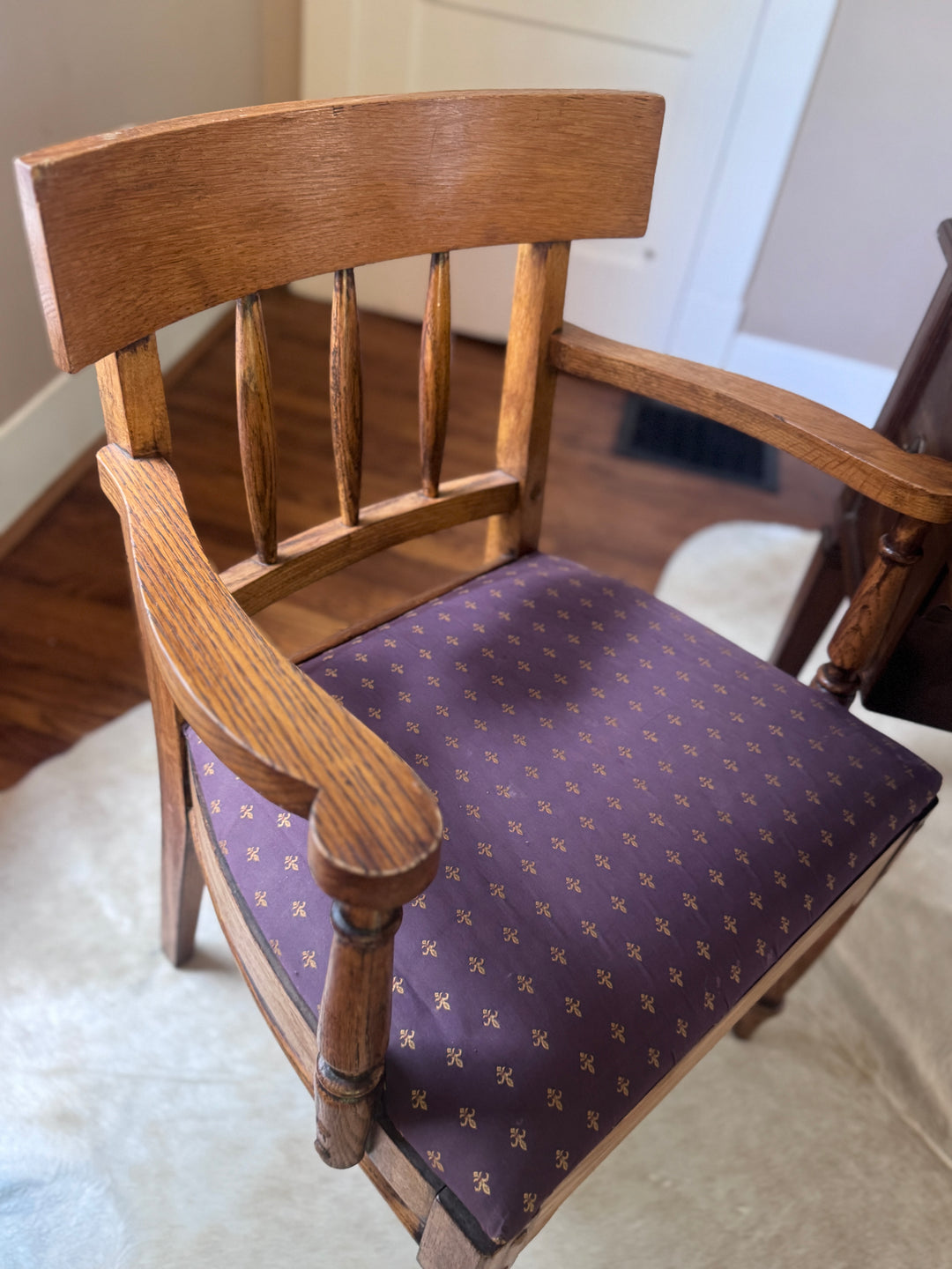 Antique Oak Chair in Plum Upholstery