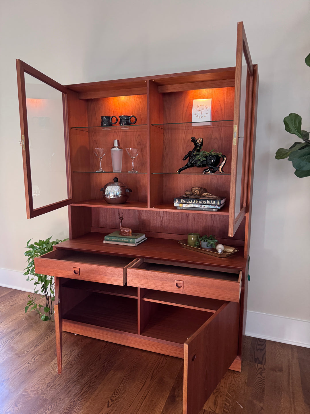Mid-Century Modern Teak Two Piece Cabinet Hutch