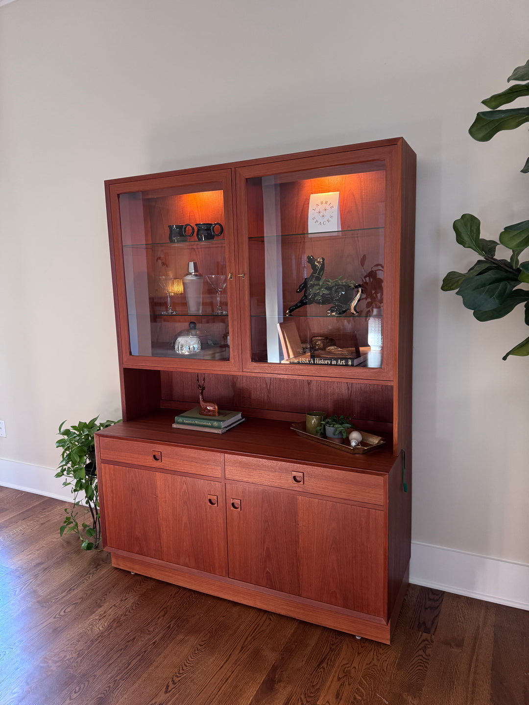 Mid-Century Modern Teak Two Piece Cabinet Hutch
