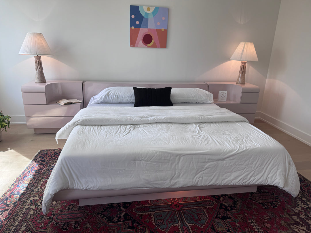 Custom Vintage Formica Blush Platform Bedframe and Nighstand Set