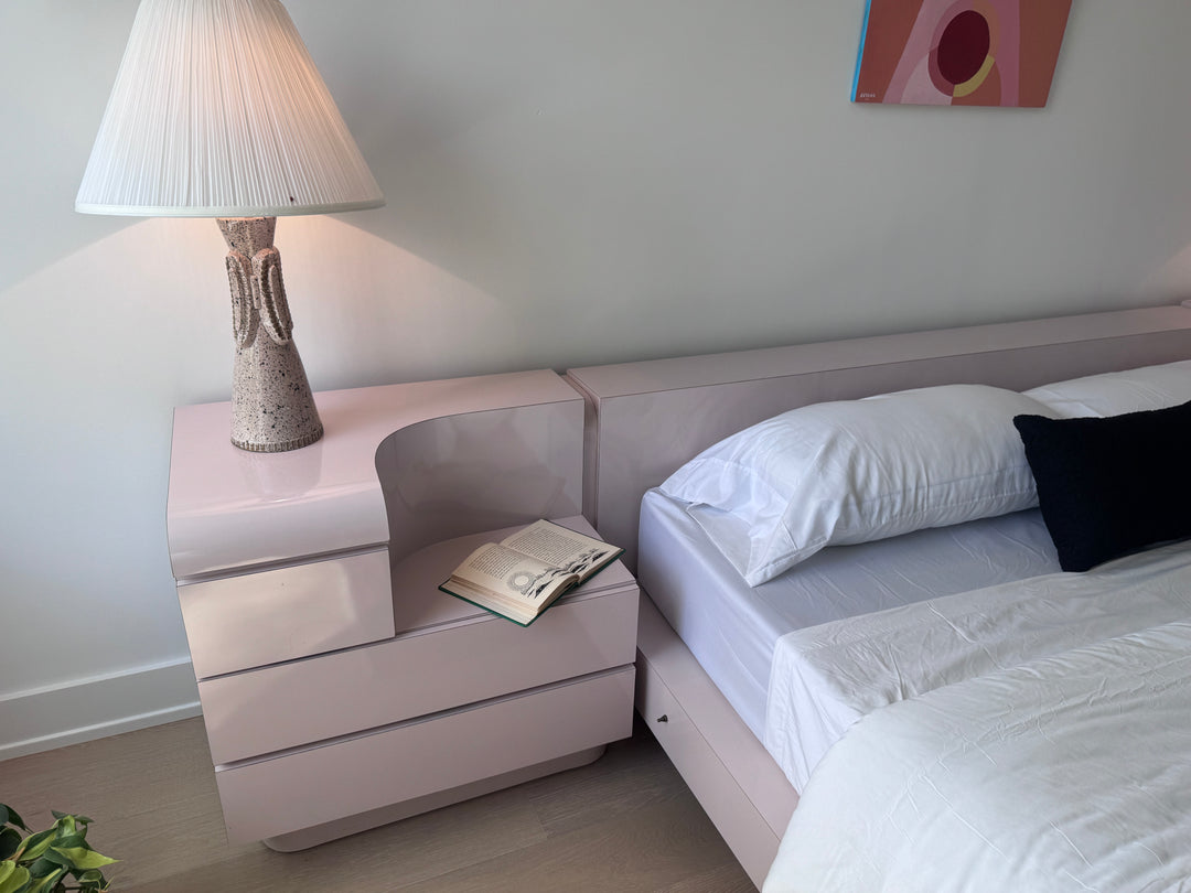 Custom Vintage Formica Blush Platform Bedframe and Nighstand Set