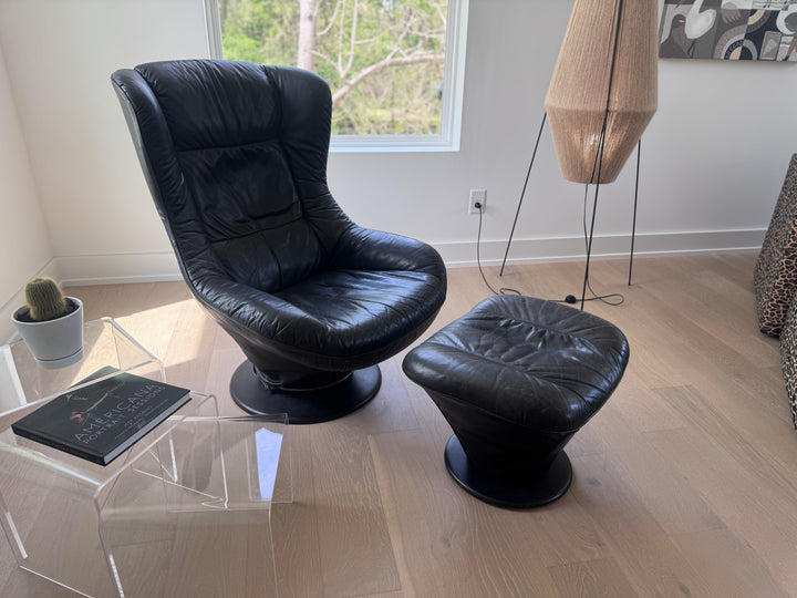Vintage Black Leather Swivel Chair with Ottoman