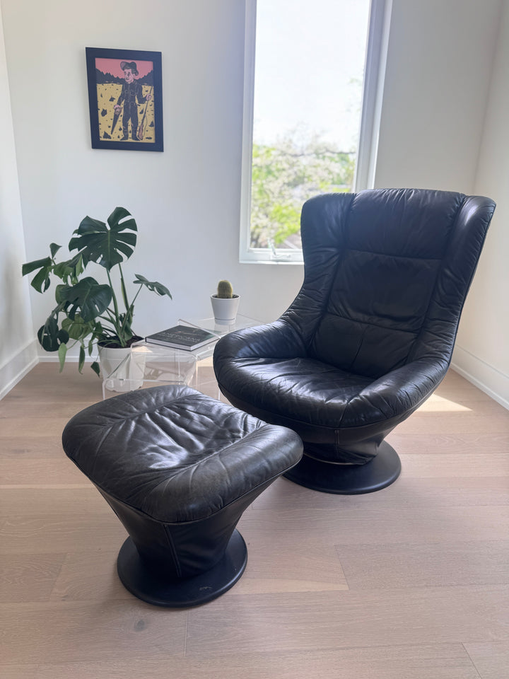 Vintage Black Leather Swivel Chair with Ottoman