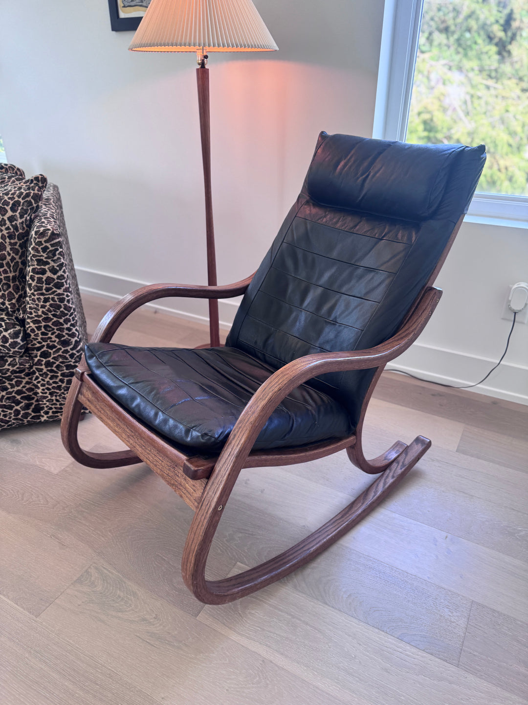 Mid-Century Modern Black Leather Rocking Chair