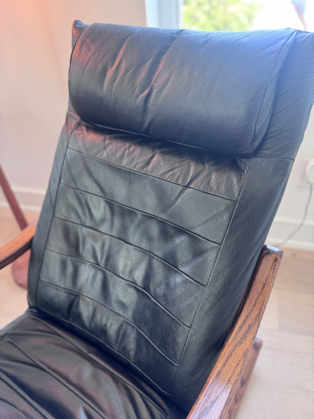 Mid-Century Modern Black Leather Rocking Chair