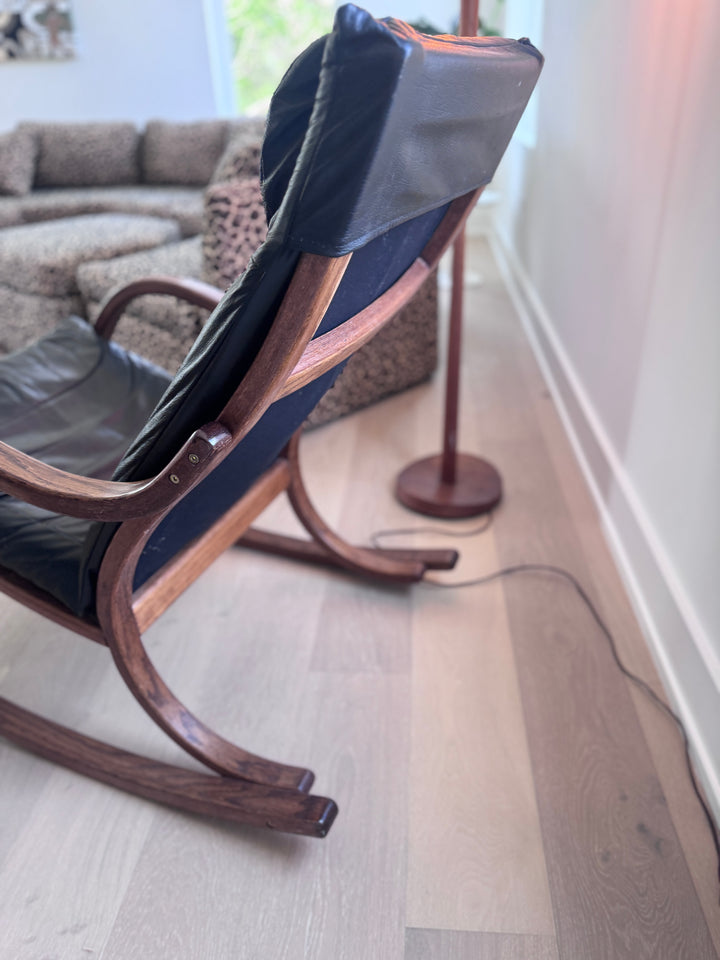 Mid-Century Modern Black Leather Rocking Chair
