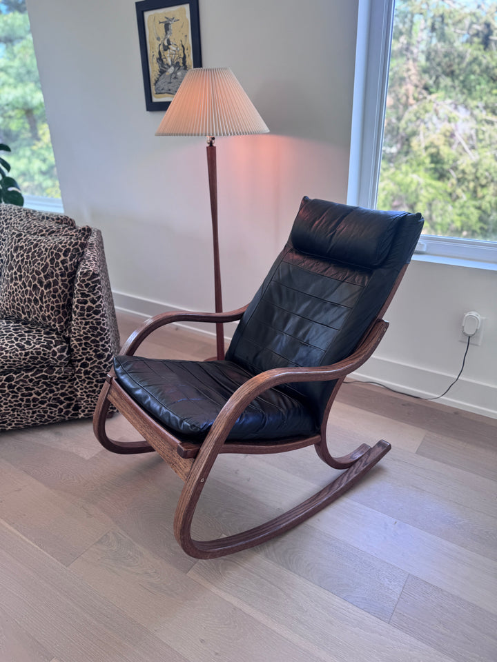 Mid-Century Modern Black Leather Rocking Chair