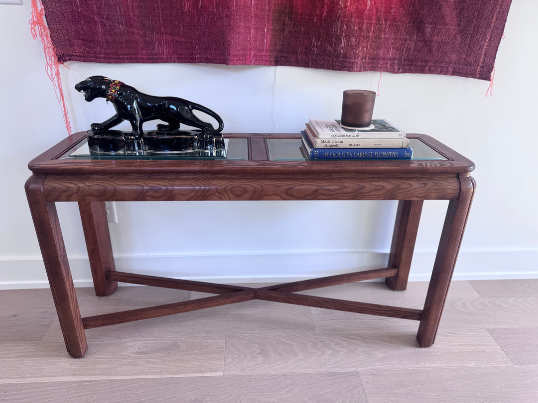 Vintage Oak Sofa Table With Glass Top