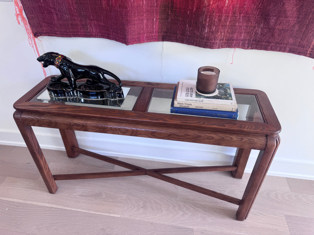 Vintage Oak Sofa Table With Glass Top