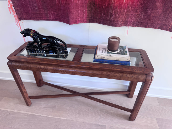 Vintage Oak Sofa Table With Glass Top
