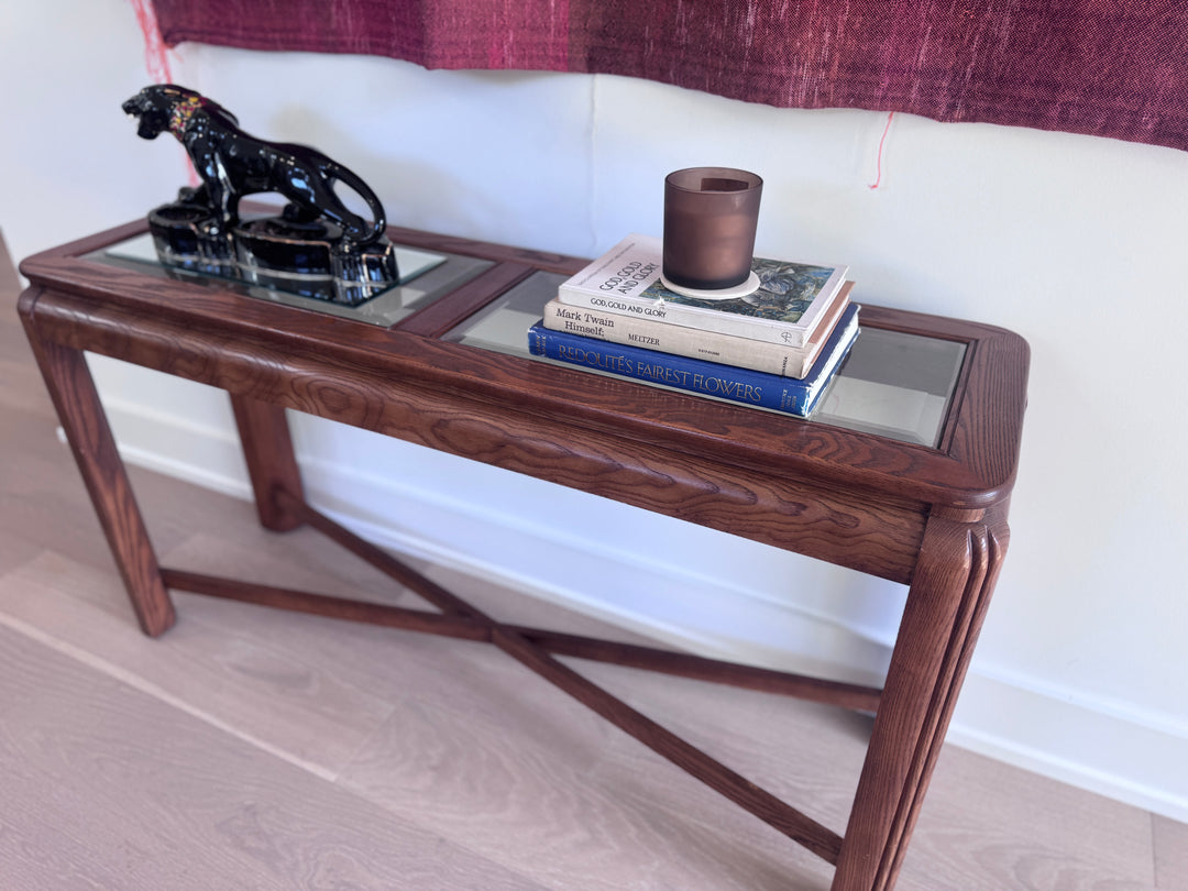 Vintage Oak Sofa Table With Glass Top