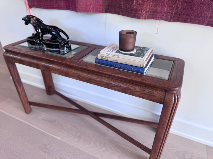Vintage Oak Sofa Table With Glass Top