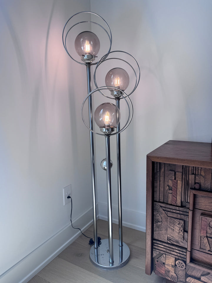 Mid-Century Chrome Triple Halo Floor Lamp (two light settings)