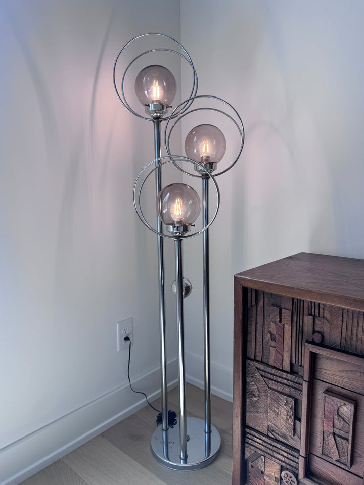 Mid-Century Chrome Triple Halo Floor Lamp (two light settings)