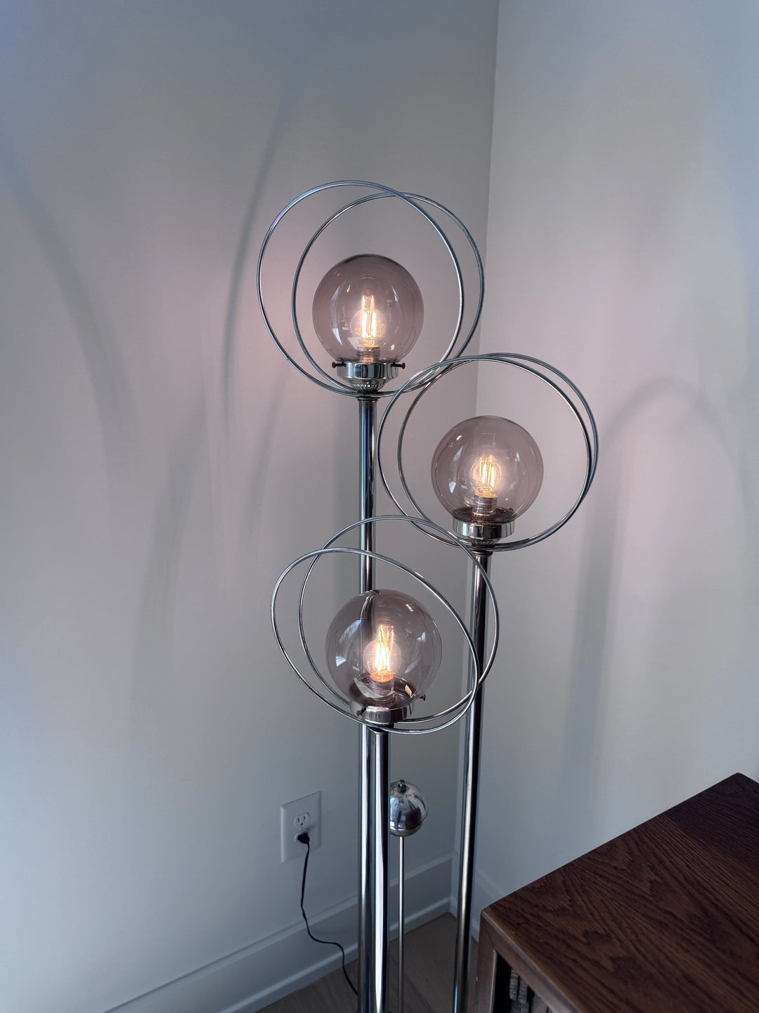 Mid-Century Chrome Triple Halo Floor Lamp (two light settings)