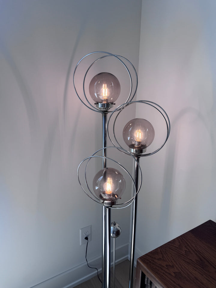 Mid-Century Chrome Triple Halo Floor Lamp (two light settings)