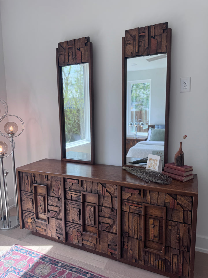 Mid-Century Modern Brutalist Pueblo “Lane” Dresser with Two Mirrors