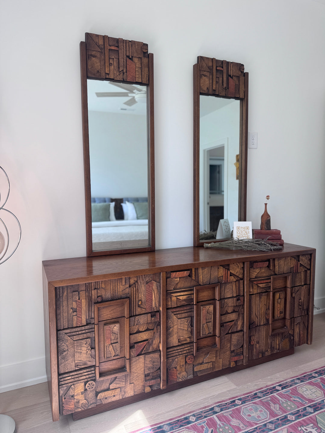 Mid-Century Modern Brutalist Pueblo “Lane” Dresser with Two Mirrors