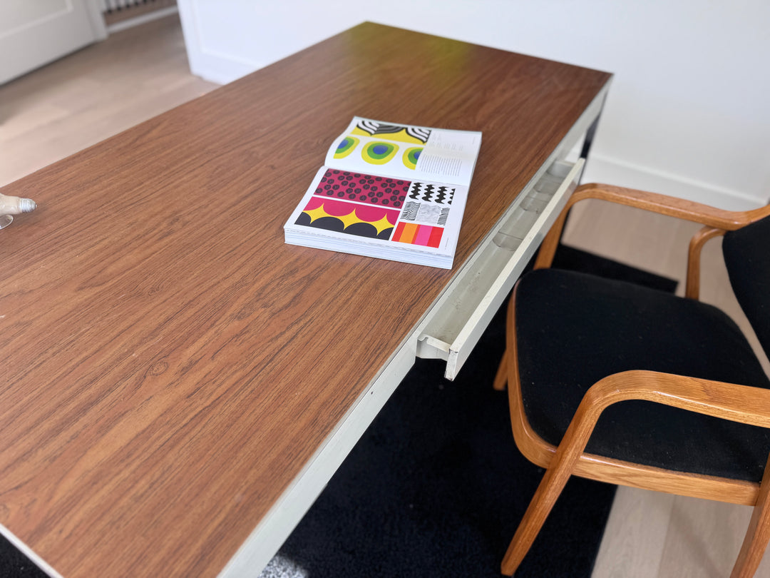 Mid-Century Modern "Steelcase" Chrome Metal Desk with Drawer and Veneer Top