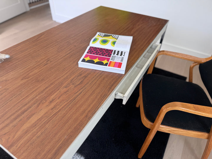 Mid-Century Modern "Steelcase" Chrome Metal Desk with Drawer and Veneer Top