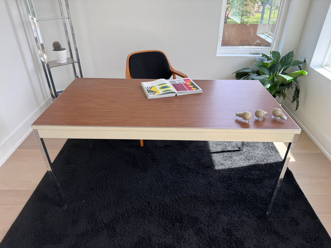 Mid-Century Modern "Steelcase" Chrome Metal Desk with Drawer and Veneer Top