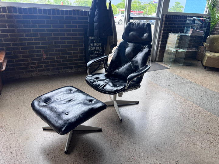 Mid-Century Modern Black Vinyl Chromcrest Lounge Chair &amp; Ottoman