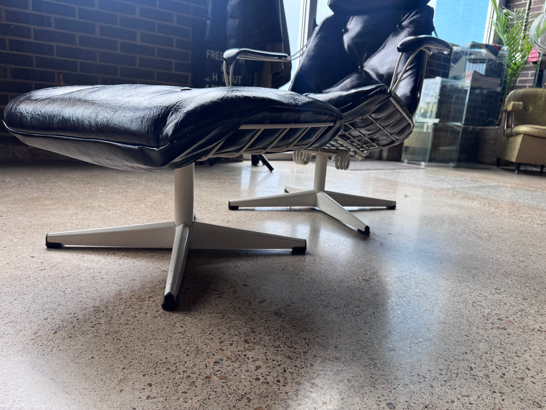 Mid-Century Modern Black Vinyl Chromcrest Lounge Chair &amp; Ottoman