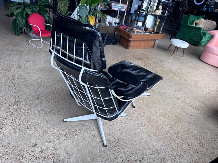Mid-Century Modern Black Vinyl Chromcrest Lounge Chair &amp; Ottoman