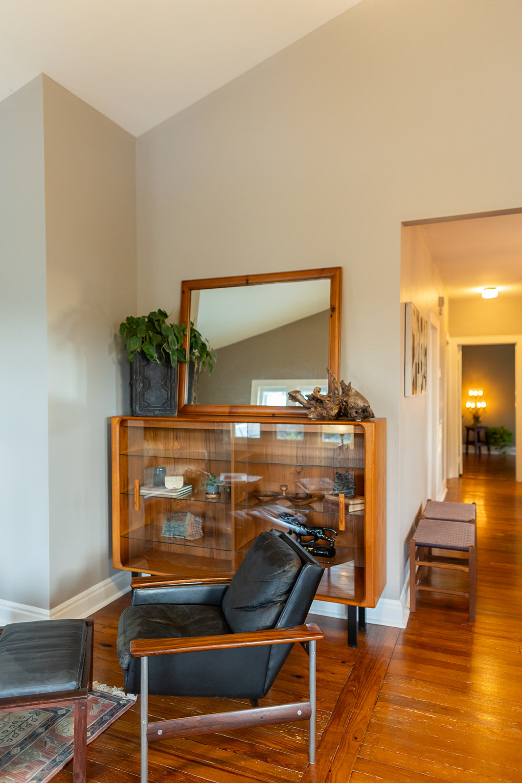Mid-Century Modern Teak Shelf with Lights and Glass Adjustable Shelving
