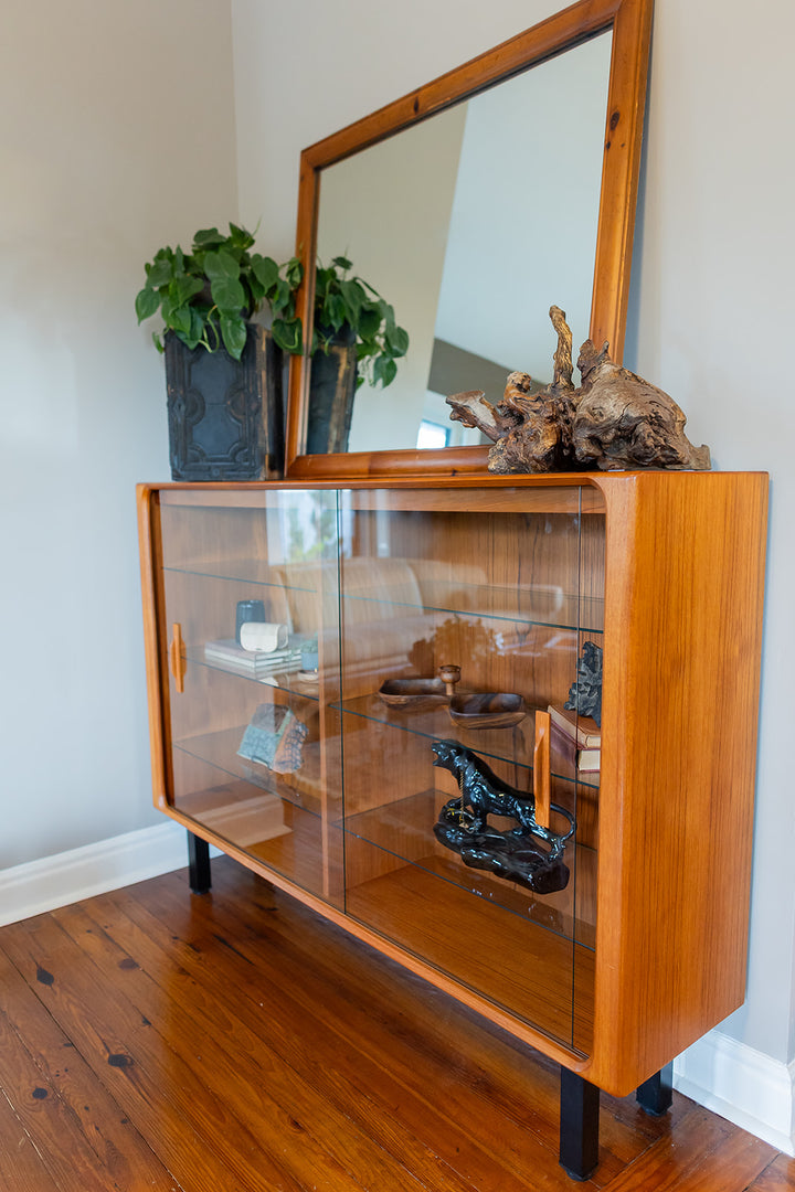 Mid-Century Modern Teak Shelf with Lights and Glass Adjustable Shelving